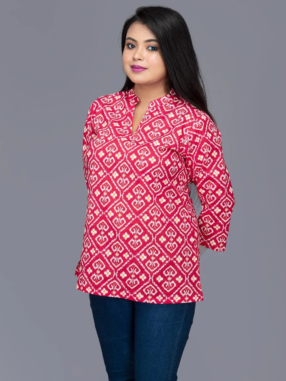 Cadmium Red Printed Cotton Top - WeaversIndia