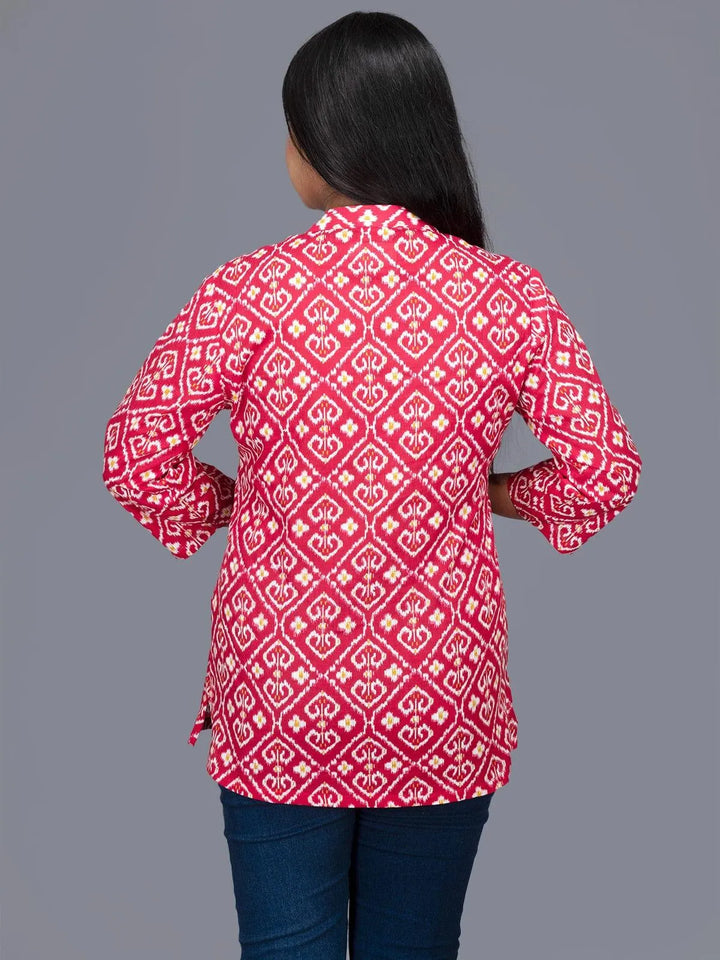 Cadmium Red Printed Cotton Top - WeaversIndia