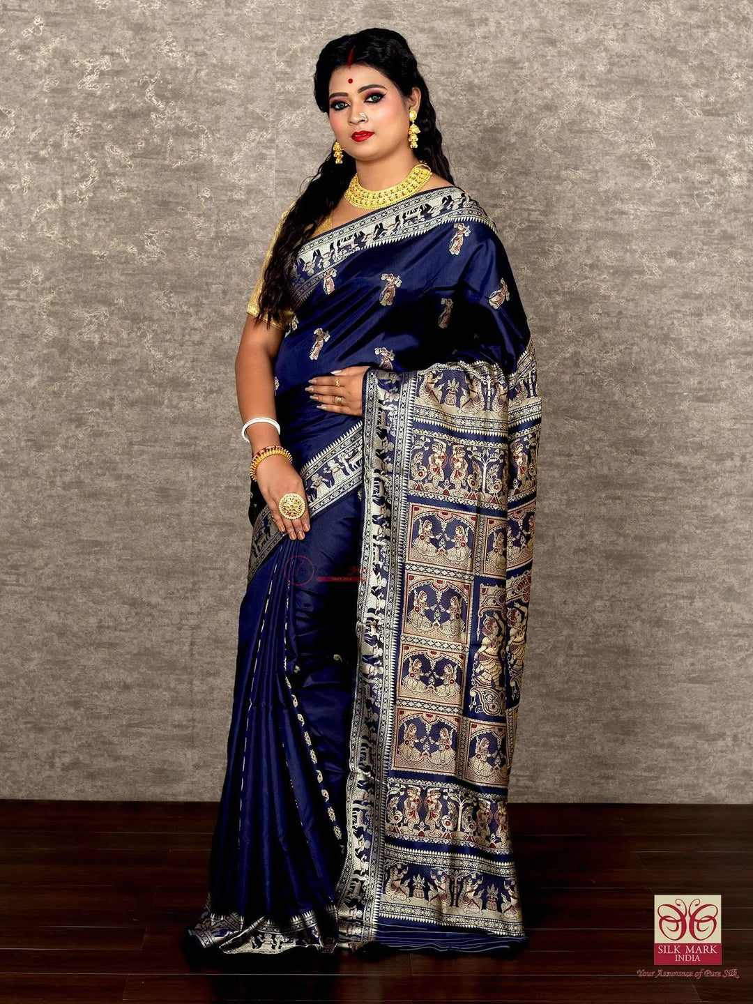 Cetacean Blue Traditional Baluchari Silk Saree - WeaversIndia