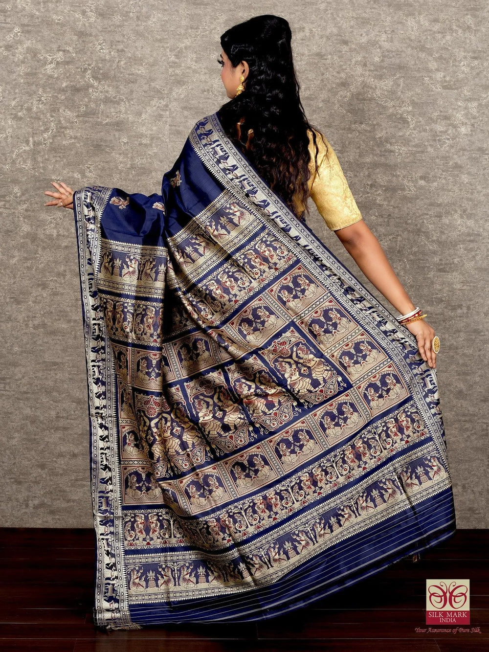 Cetacean Blue Traditional Baluchari Silk Saree - WeaversIndia