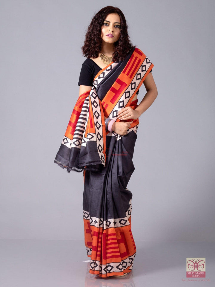 Charcoal Black Par Anchal Block Printed Murshidabad Silk Saree - WeaversIndia