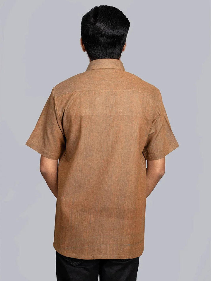 Cocoa Brown Green Handwoven Organic Cotton Formal Men Shirt - WeaversIndia