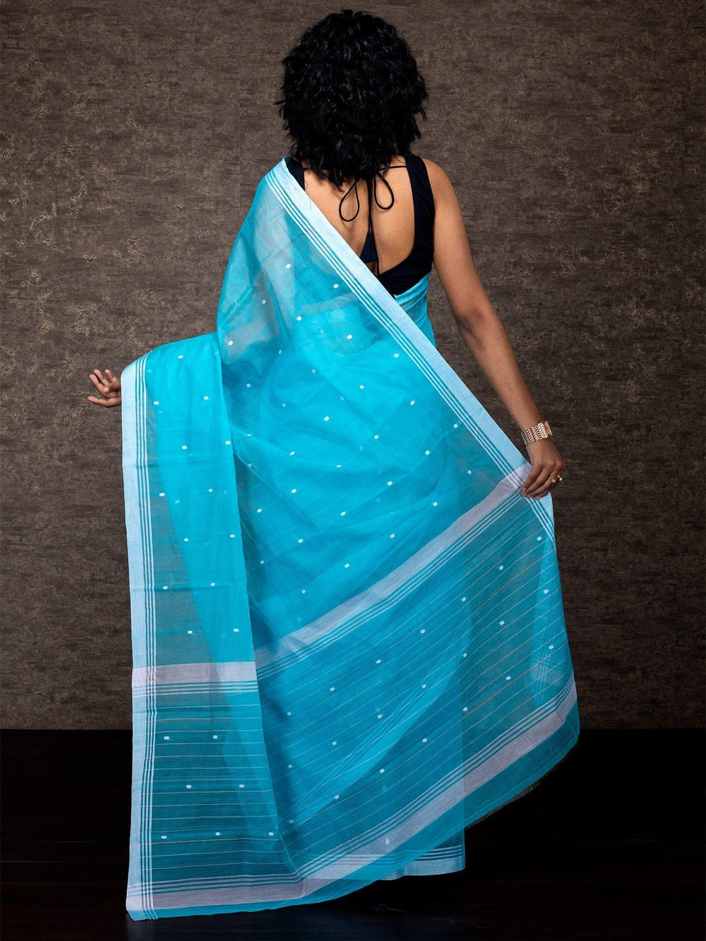 Cyan Blue Chanderi SIlk Jamdani Saree - WeaversIndia