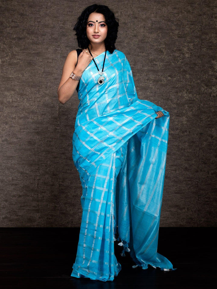Cyan Blue Woven Jari Checks Slab Cotton Saree - WeaversIndia