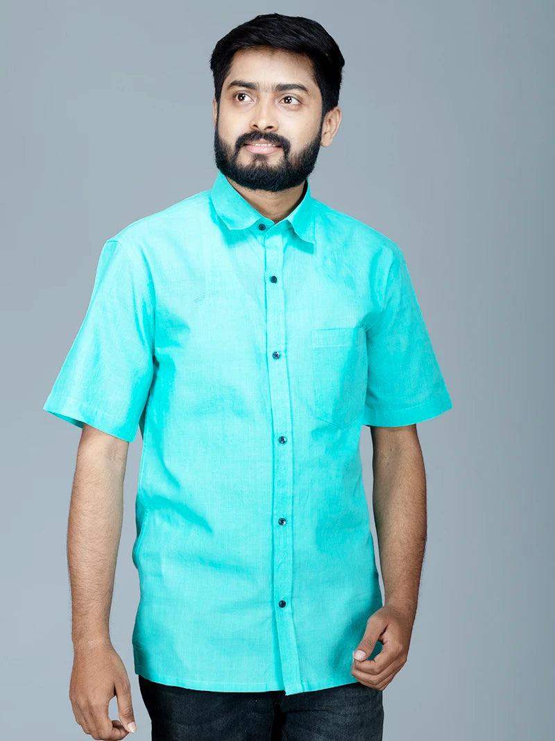 Cyan Handwoven Organic Cotton Formal Men Shirt - WeaversIndia