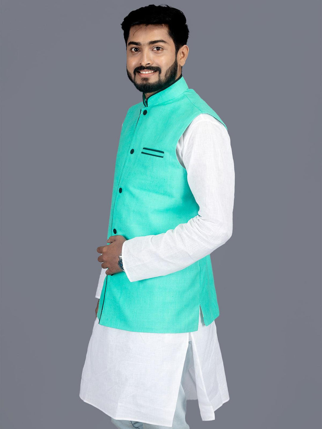 Cyan Solid Matka Silk Modi Jacket - WeaversIndia