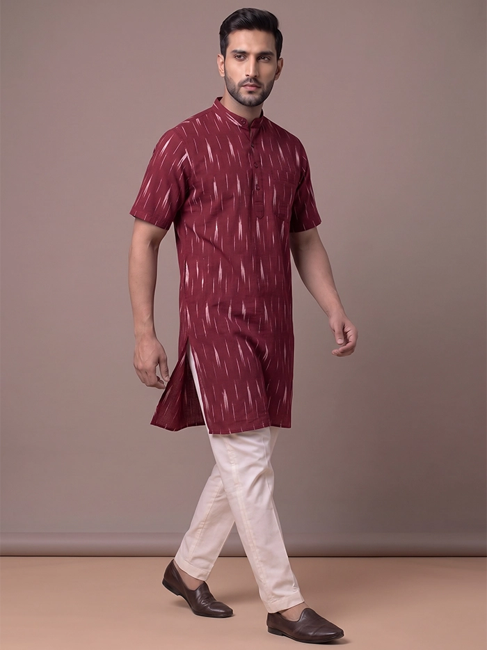 Maroon Organic Cotton Ikkat Half Sleeves Men Kurta