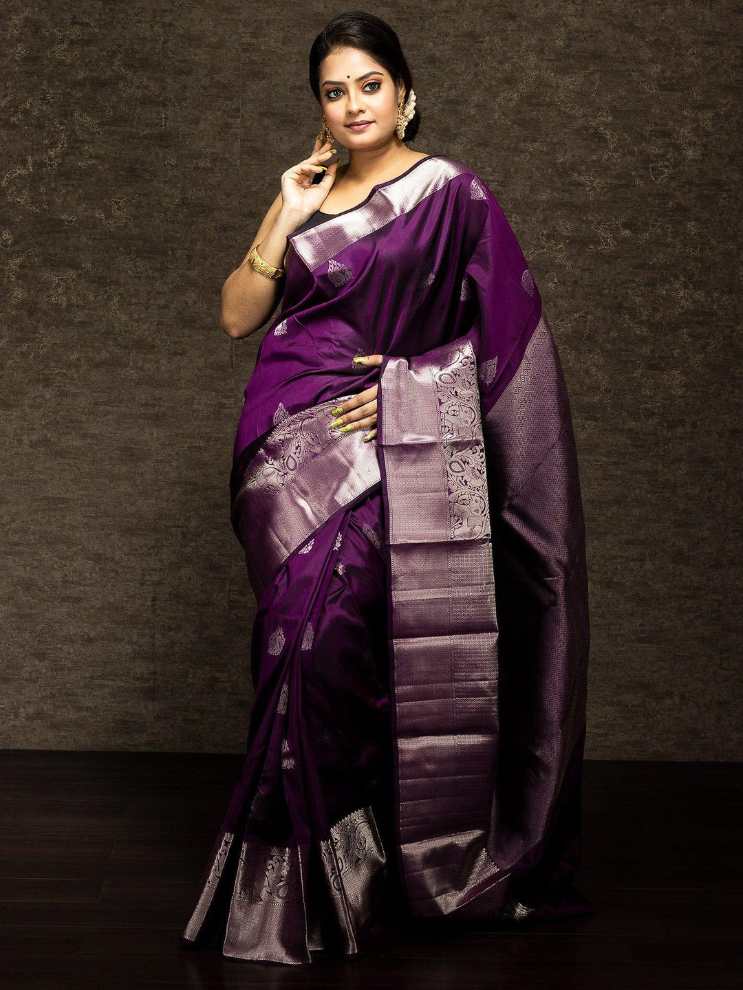 Dark Magenta Silk Ver Jari Kanchipuram Silk Saree - WeaversIndia