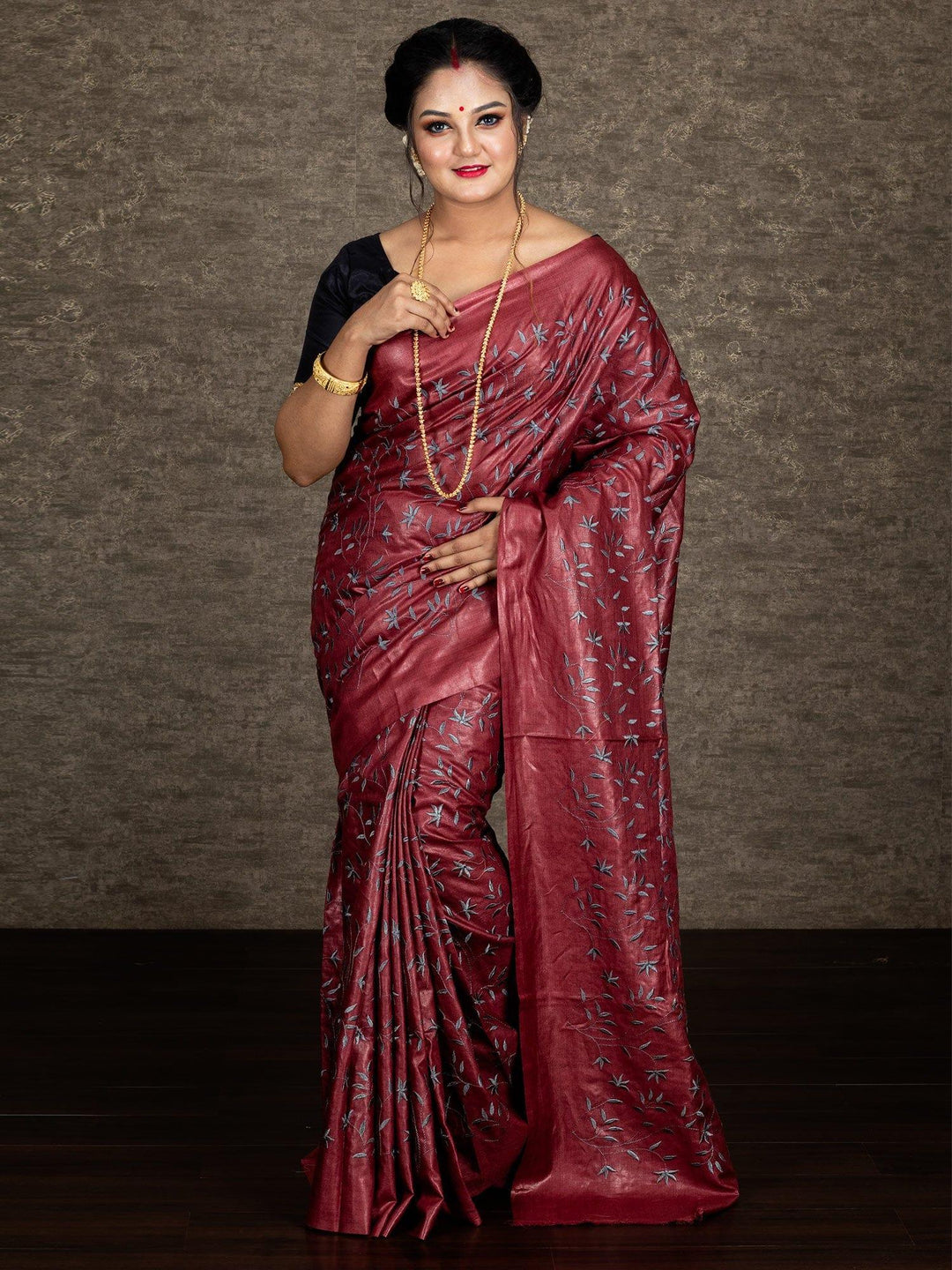 Dark Maroon Allover Embroidered Tussar Silk Saree - WeaversIndia