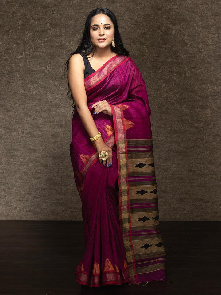 Drak Pink Handwoven Matka Silk Jamdani Saree - WeaversIndia