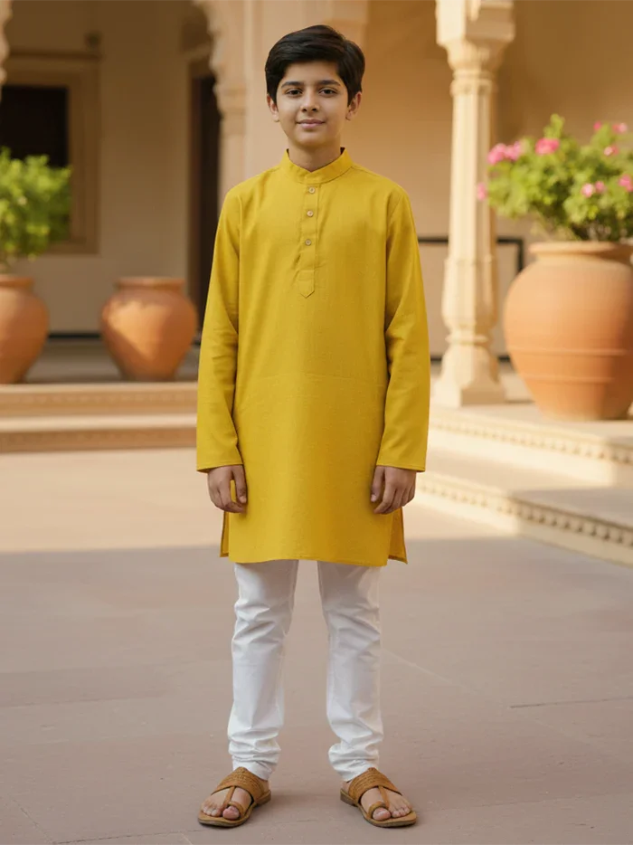 Mustard Yellow Organic Cotton Boys Kurta - WeaversIndia