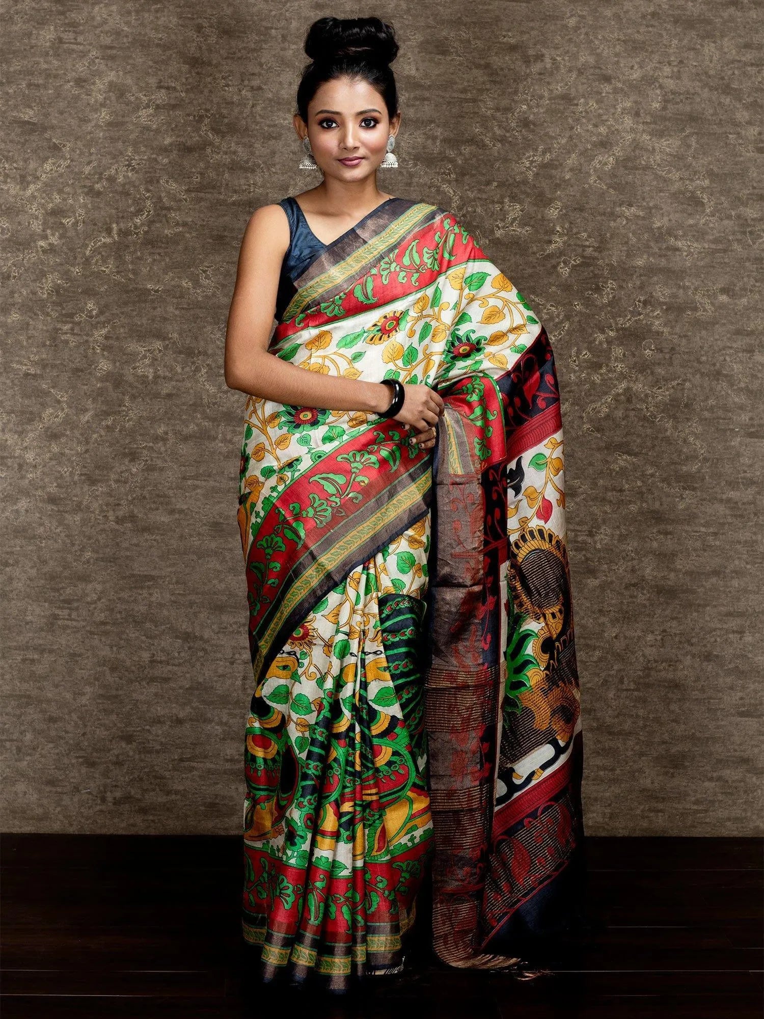 Elegant Beige Allover Block Printed Tussar Silk Saree - WeaversIndia