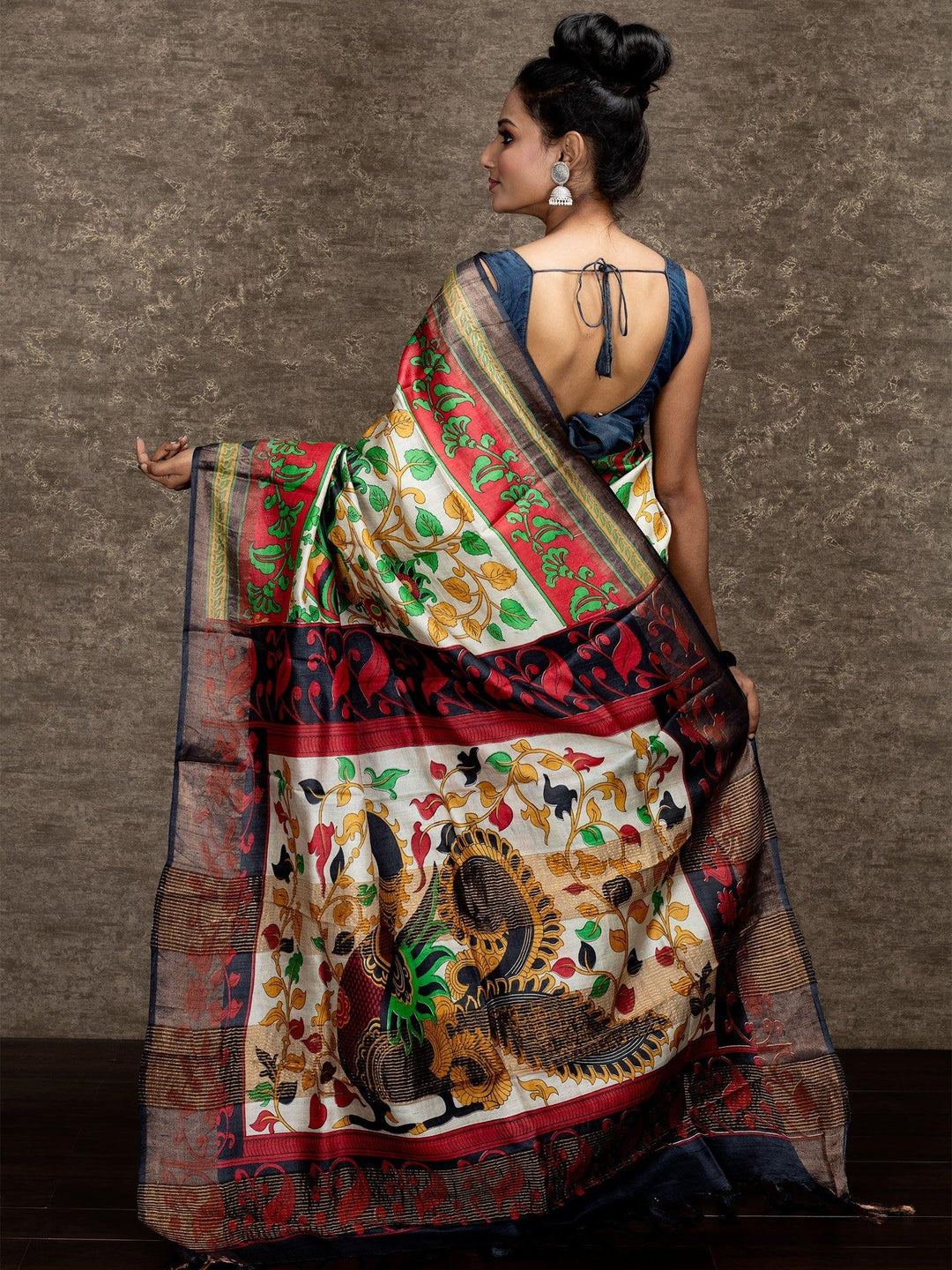 Elegant Beige Allover Block Printed Tussar Silk Saree - WeaversIndia