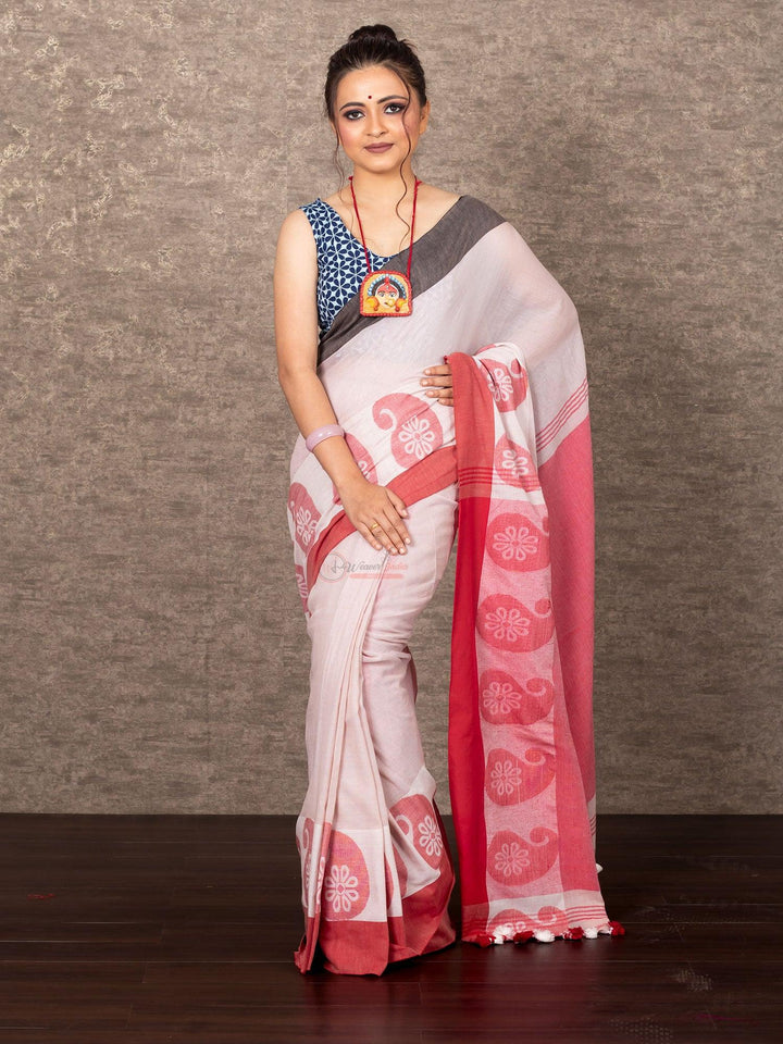 Elegant Beige Kolka Border Par Anchal Cotton Saree - WeaversIndia