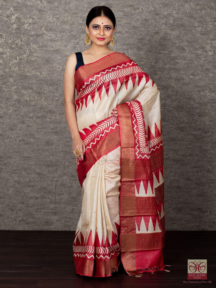 Elegant Beige Par Anchal Block Printed Tussar Silk Saree - WeaversIndia