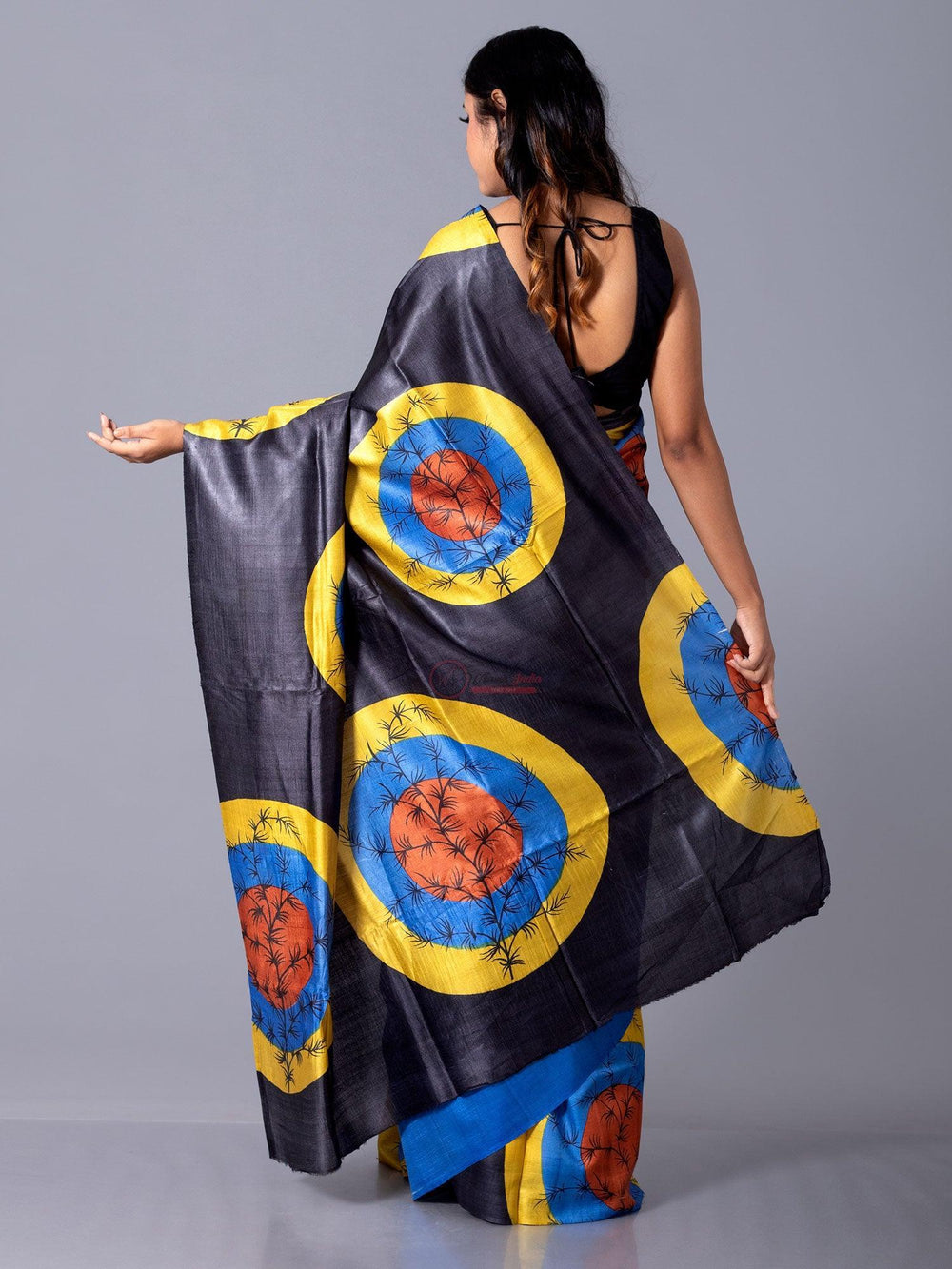 Elegant Black Allover Printed Tussar Silk Saree - WeaversIndia