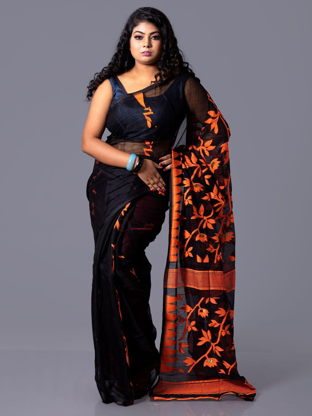 Elegant Black Allover Soft Dhakai Jamdani Saree - WeaversIndia