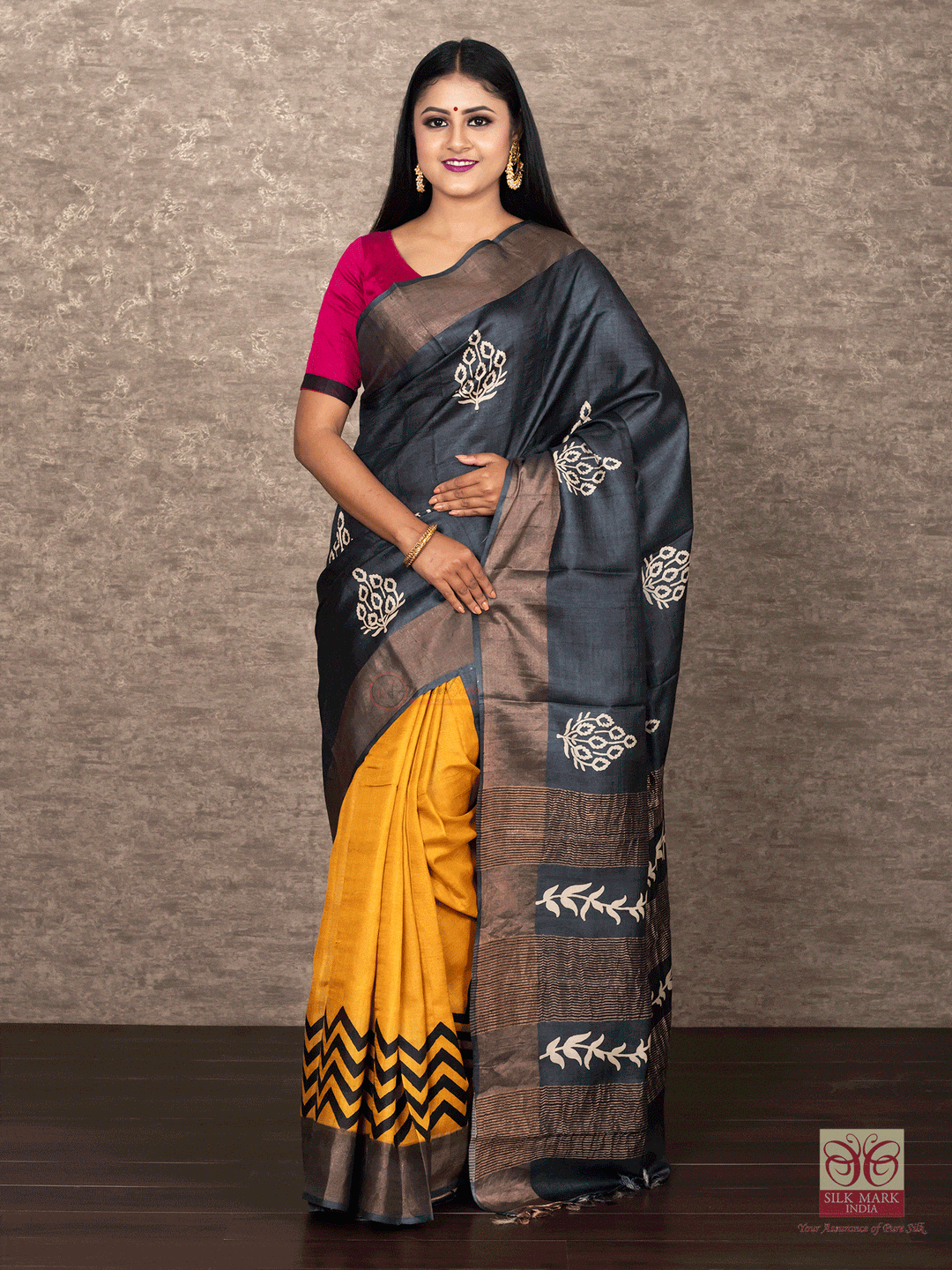 Elegant Black And Yellow Half Half Block Printed Tussar Silk Saree - WeaversIndia