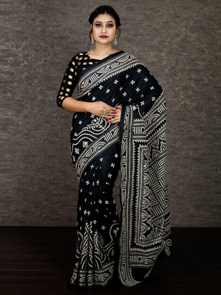Elegant Black Gujrati Kantha Stitch Bangalore Silk Saree - WeaversIndia