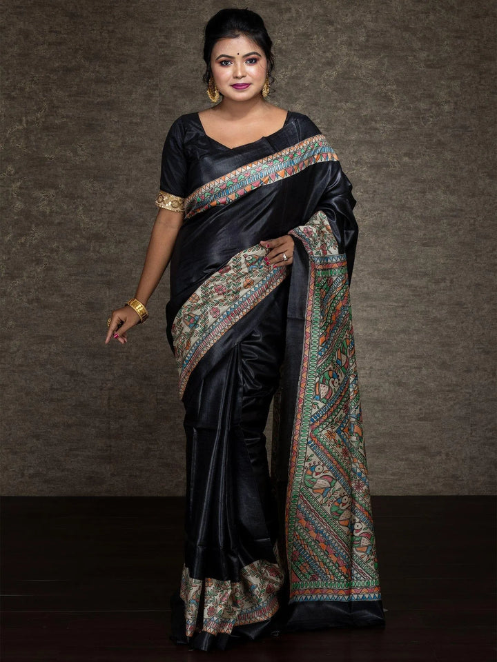 Elegant Black Hand Painted Madhubani Tussar Silk Saree - WeaversIndia