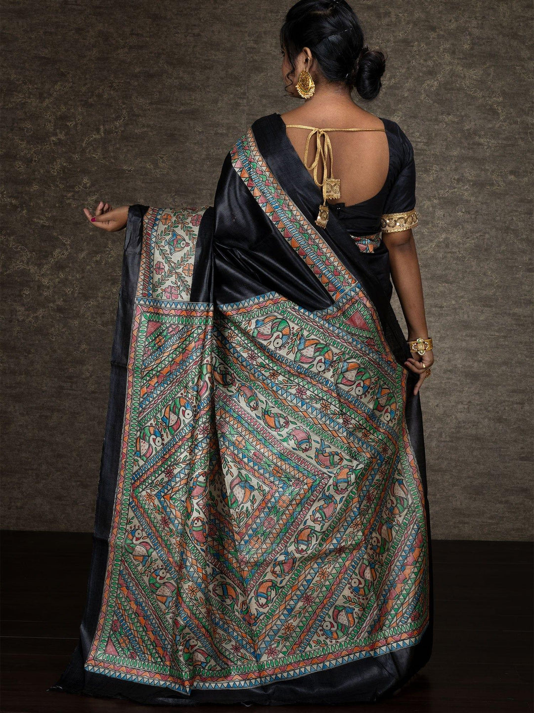 Elegant Black Hand Painted Madhubani Tussar Silk Saree - WeaversIndia