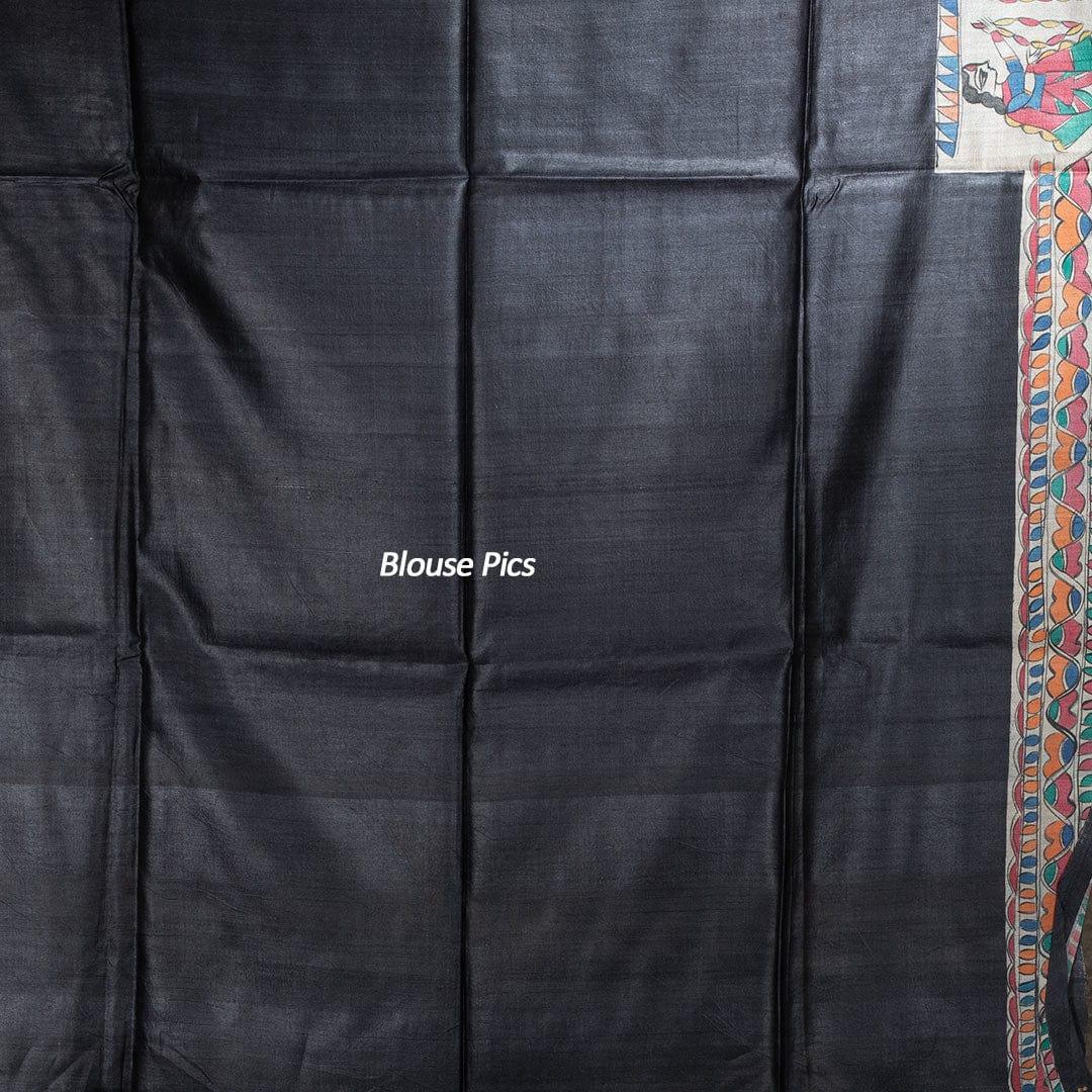 Elegant Black Hand Painted Madhubani Tussar Silk Saree - WeaversIndia