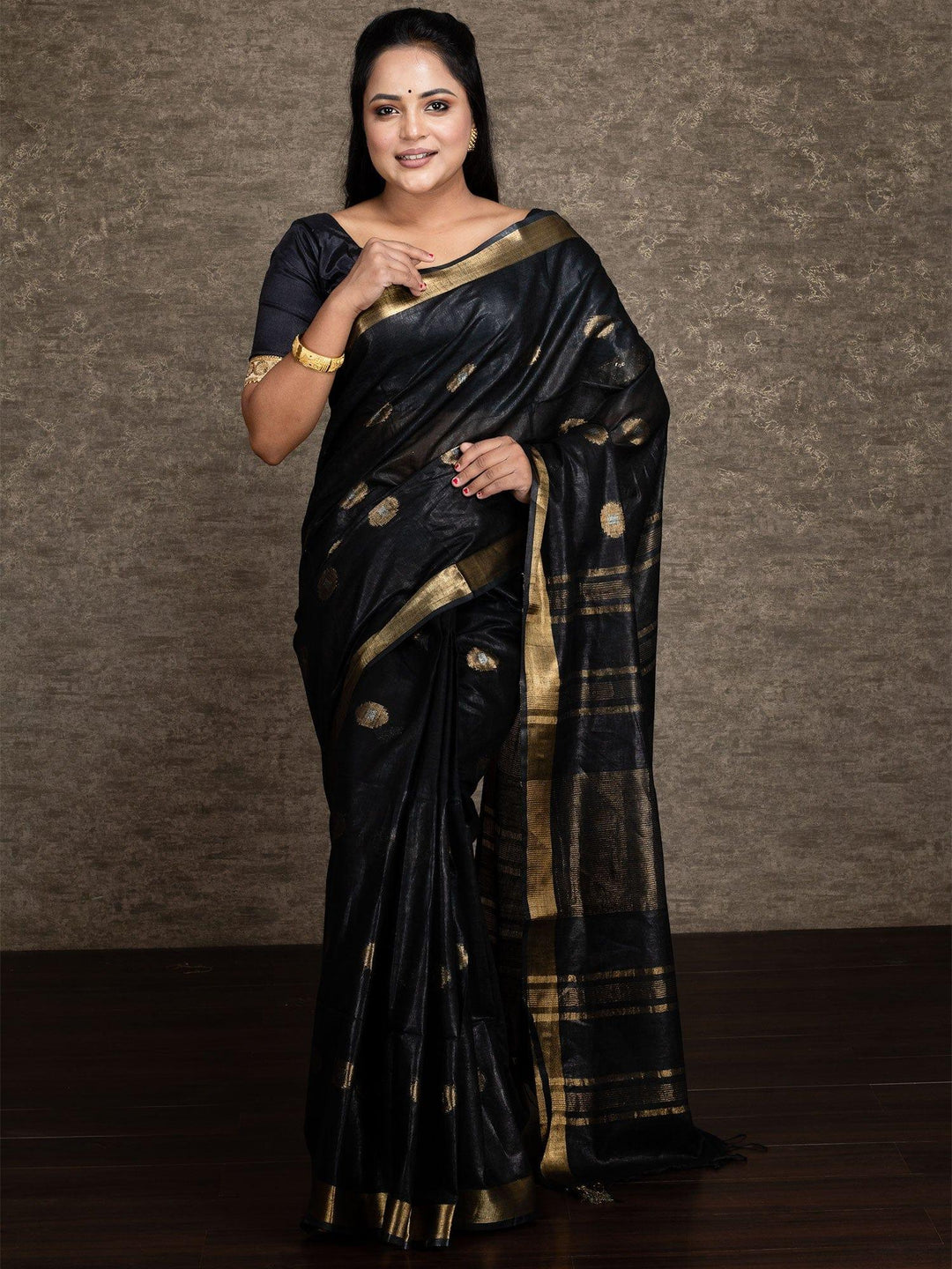 Elegant Black Par Anchal Buti Bhagalpuri Silk Saree - WeaversIndia
