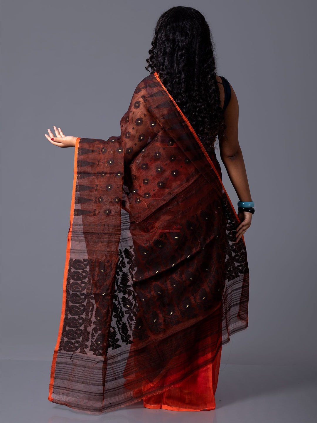 Elegant Black Withe Orange Half Half Dhakai Jamdani Saree - WeaversIndia