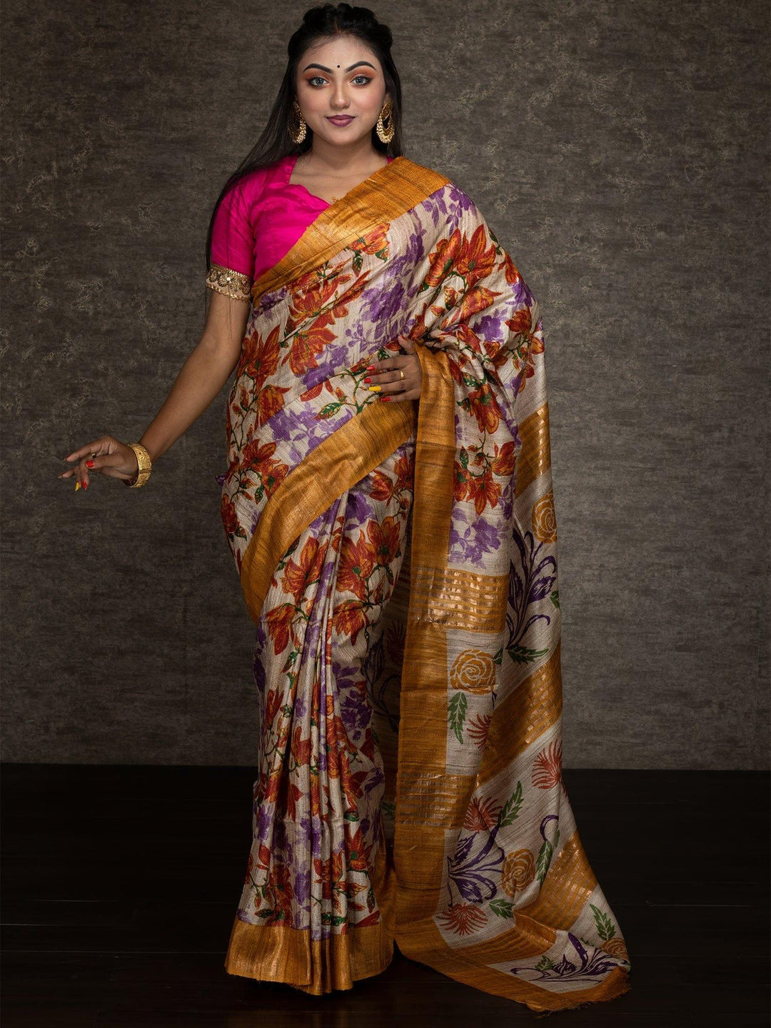 Elegant Block Printed Ghicha Silk Saree - WeaversIndia