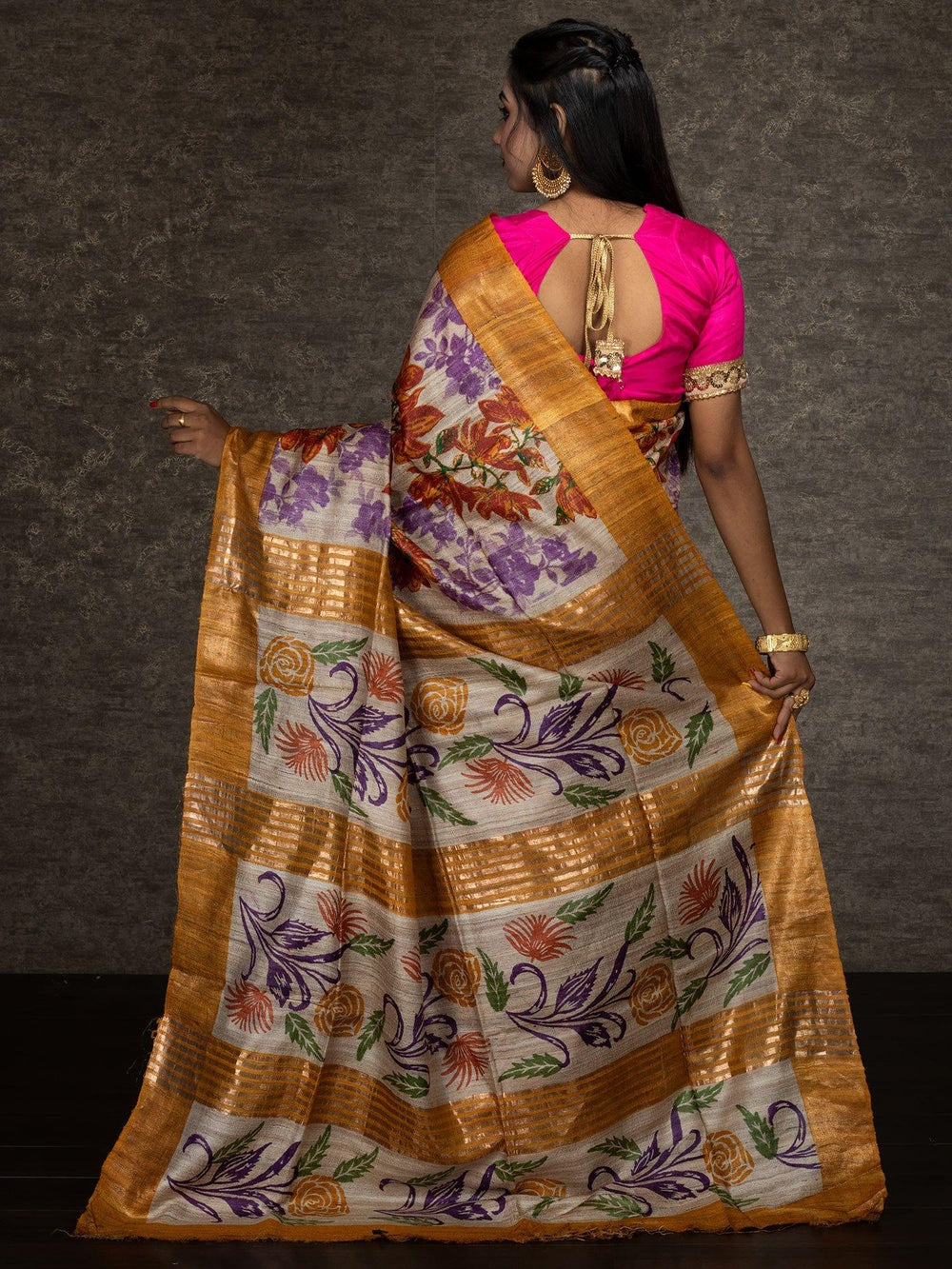 Elegant Block Printed Ghicha Silk Saree - WeaversIndia