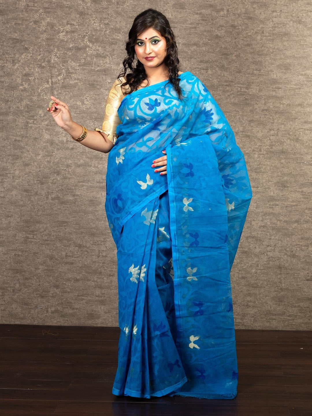 Elegant Blue Allover Stif Dhakai Jamdani Saree - WeaversIndia