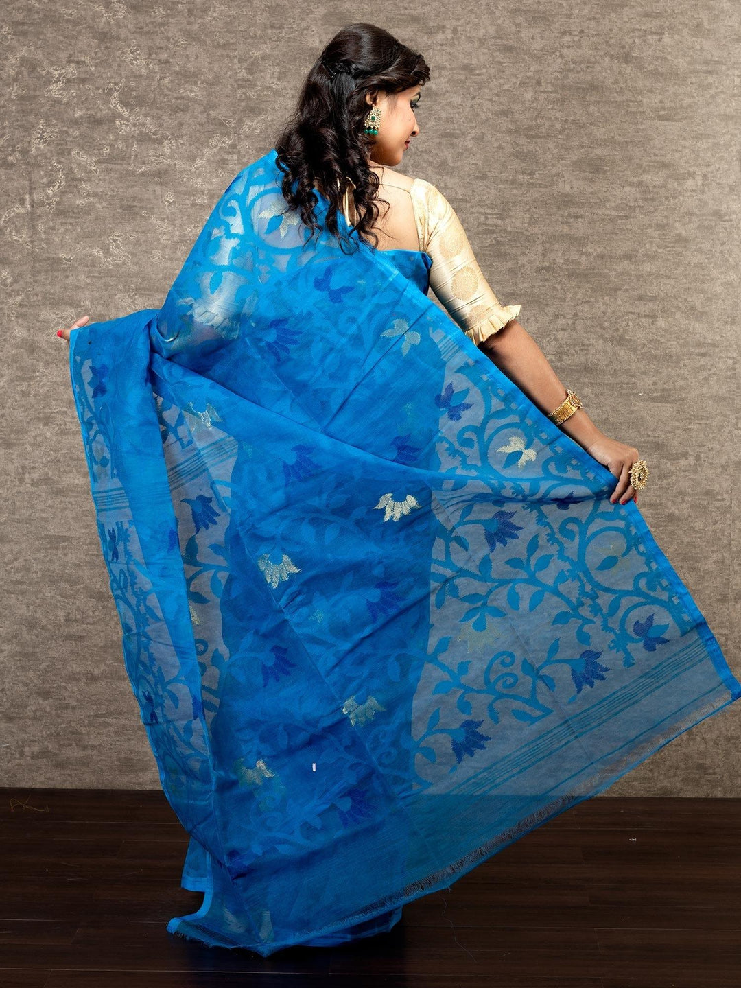 Elegant Blue Allover Stif Dhakai Jamdani Saree - WeaversIndia