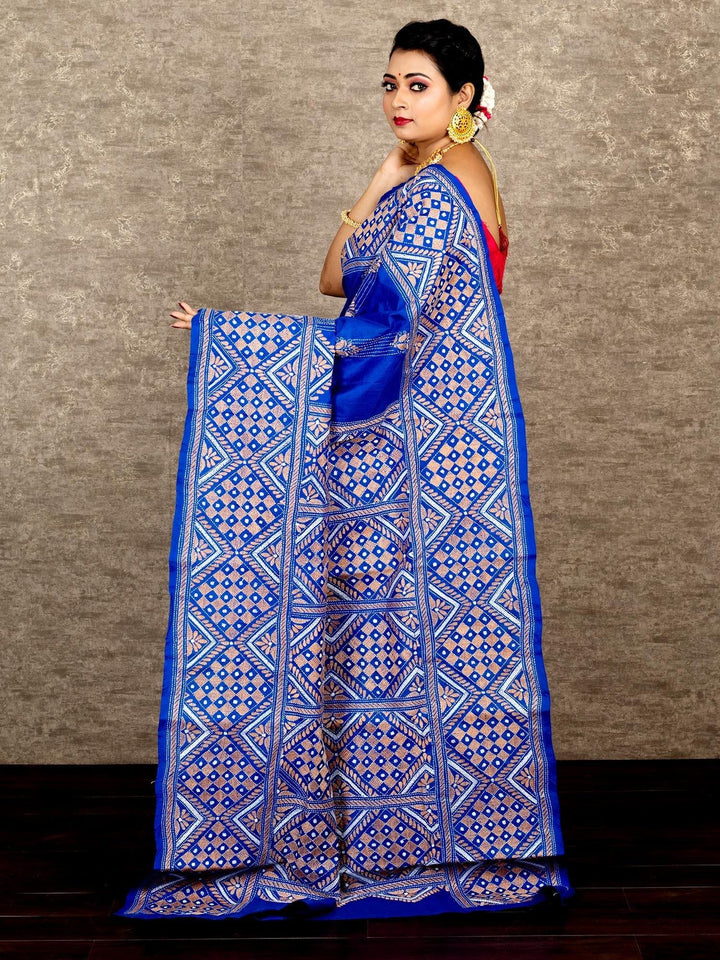 Elegant Blue Gujrati Kantha Stitch Bangalore Silk Saree - WeaversIndia