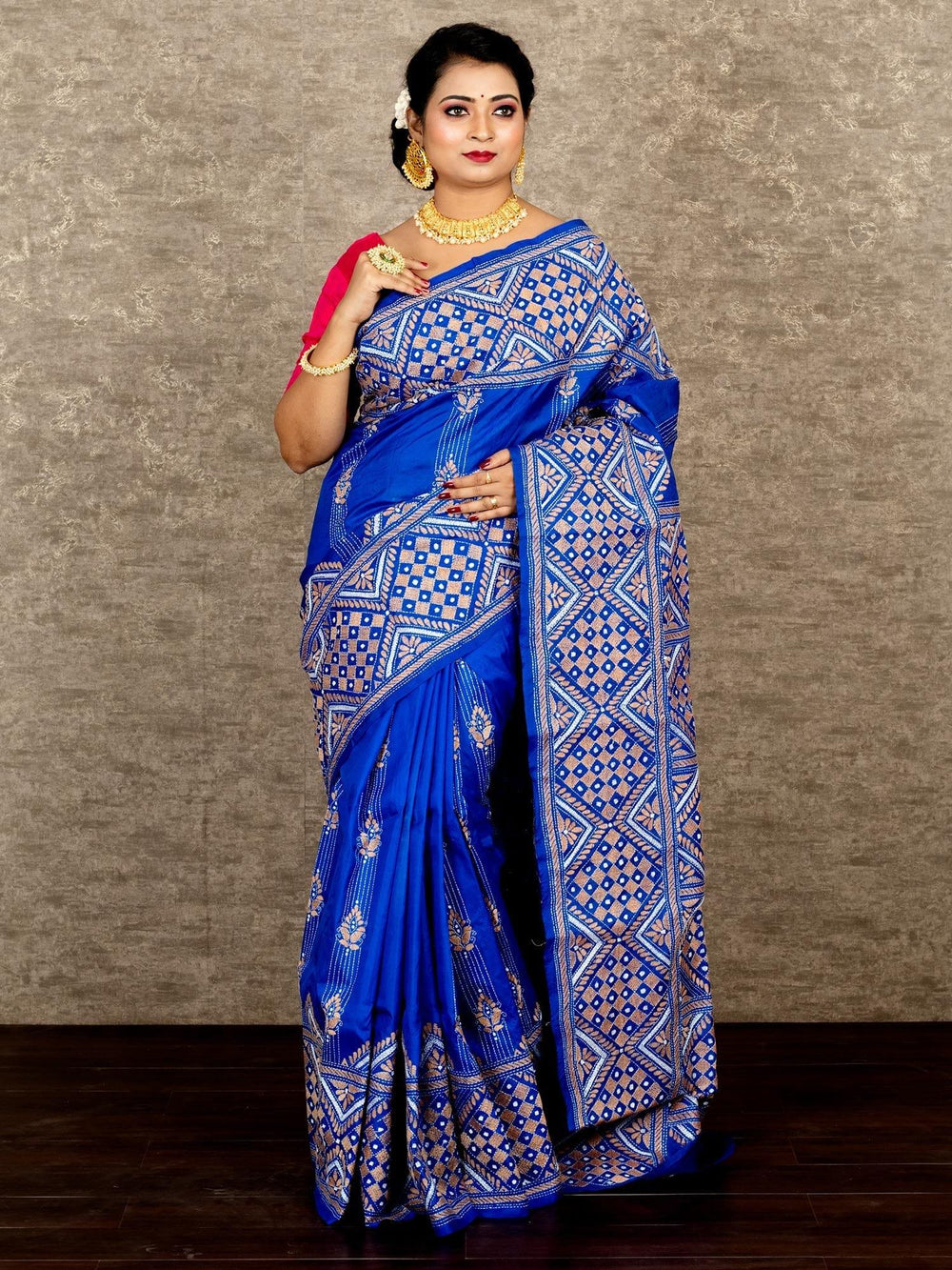 Elegant Blue Gujrati Kantha Stitch Bangalore Silk Saree - WeaversIndia