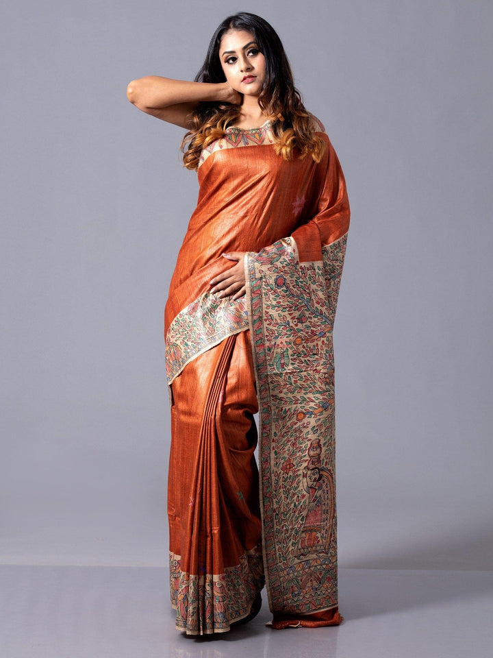 Elegant Burnt Orange Hand Painted Madhubani Ghicha Silk Saree - WeaversIndia