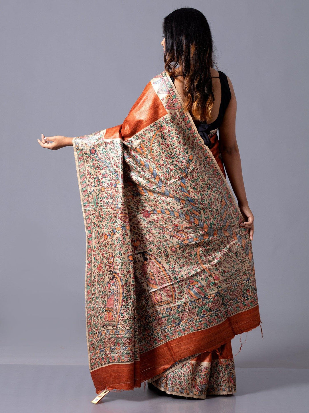 Elegant Burnt Orange Hand Painted Madhubani Ghicha Silk Saree - WeaversIndia