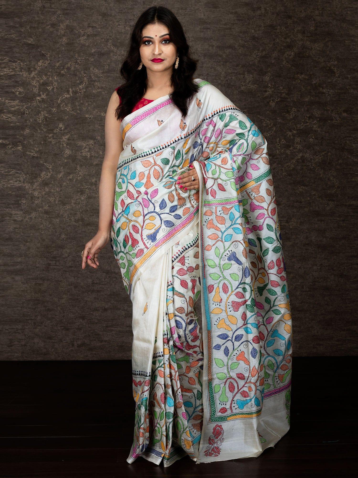 Hand Embroidered Kantha Stitched Silk Saree in Blue | bengallooms | Kantha  work sarees, Fashion illustration sketches dresses, Saree designs