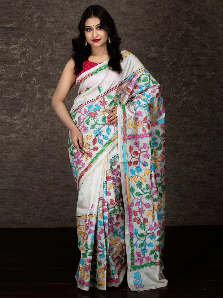 Elegant Corner To Corner Kantha Stitch Tussar Silk Saree - WeaversIndia