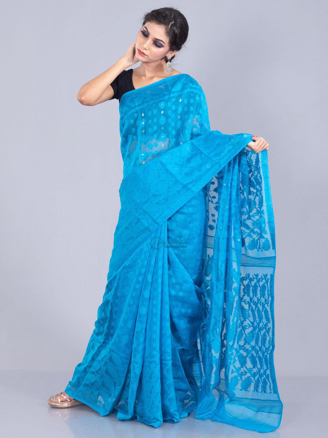 Elegant Cyan allover Soft Dhakai Janmdani Saree - WeaversIndia