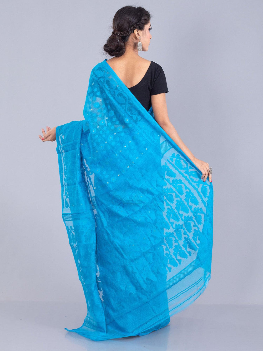 Elegant Cyan allover Soft Dhakai Janmdani Saree - WeaversIndia