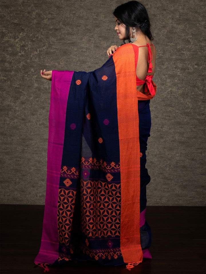Elegant Deep Blue Handwoven Cotton Saree - WeaversIndia