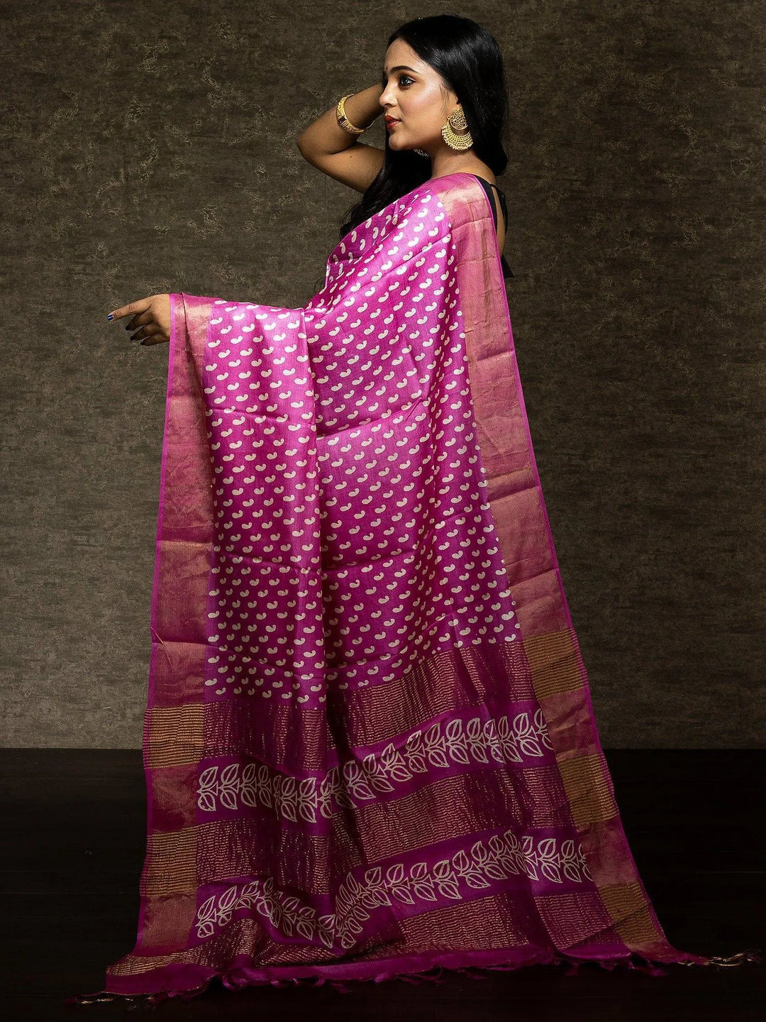 Elegant Frastbite Pink Allover Block Printed Tussar Silk Saree - WeaversIndia