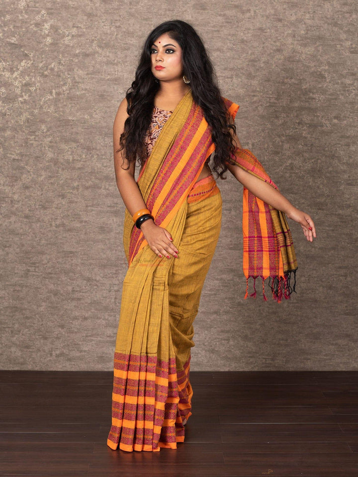 Elegant Golden Par Anchal Begampuri Cotton Saree - WeaversIndia