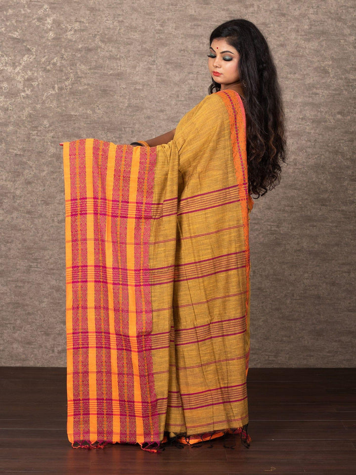 Elegant Golden Par Anchal Begampuri Cotton Saree - WeaversIndia