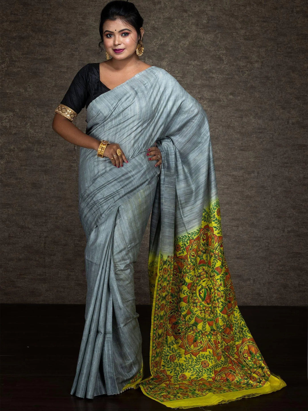 Elegant Grey Hand Painted Madhubani Ghicha Silk Saree - WeaversIndia