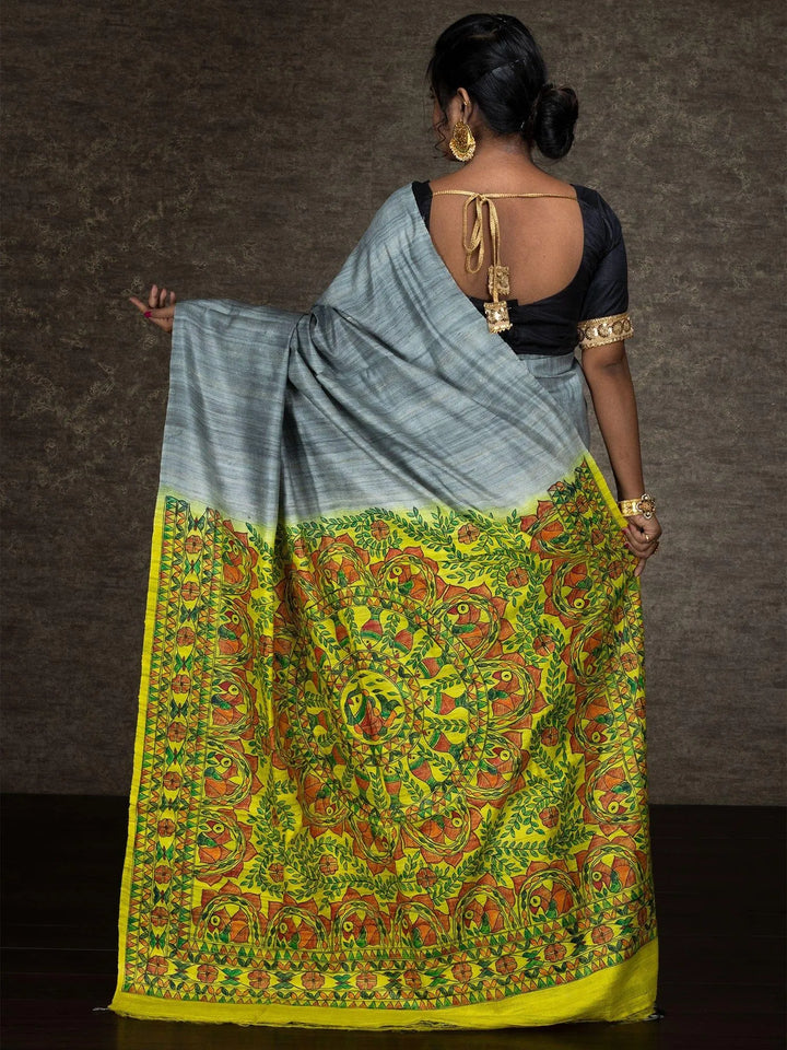 Elegant Grey Hand Painted Madhubani Ghicha Silk Saree - WeaversIndia