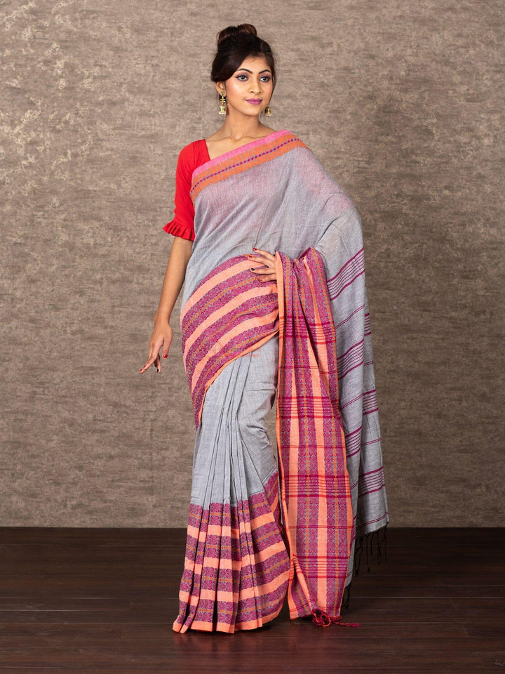 Elegant Grey Par Anchal Begampuri Cotton Saree - WeaversIndia