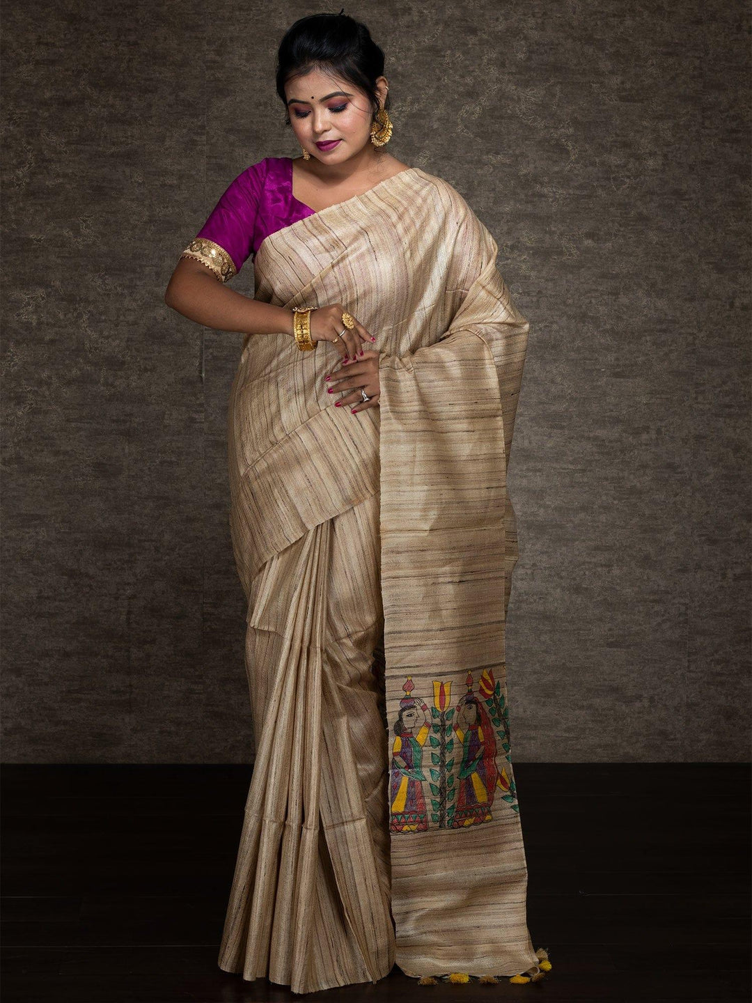 Elegant Hand Painted Madhubani Ghicha Silk Saree - WeaversIndia