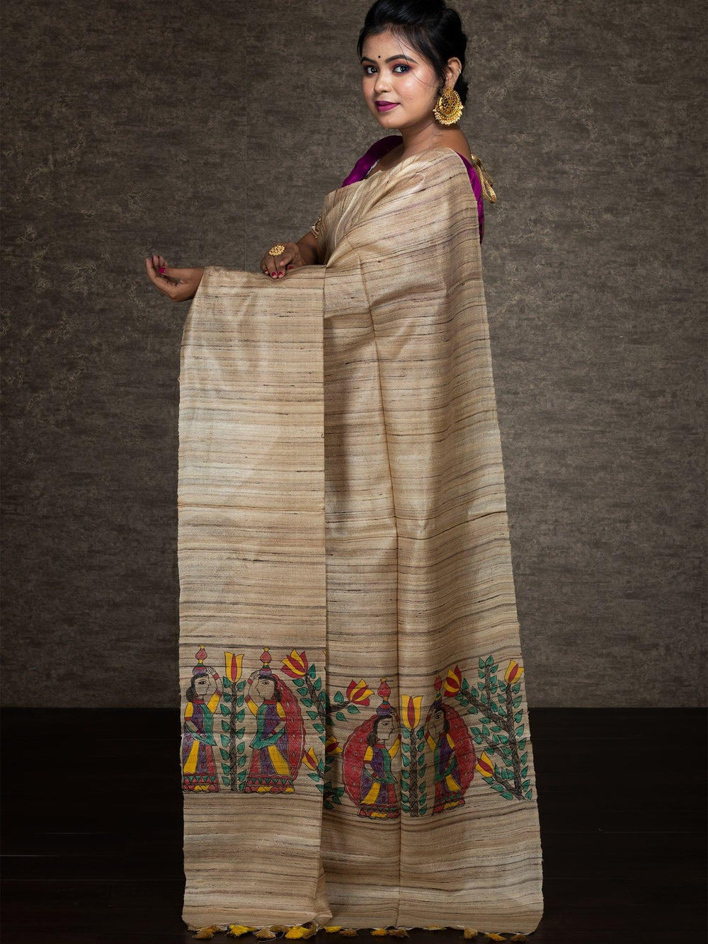 Elegant Hand Painted Madhubani Ghicha Silk Saree - WeaversIndia