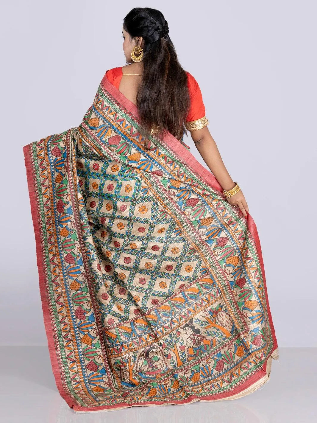 Elegant Hand Painted Madhubani Ghicha Silk Saree - WeaversIndia